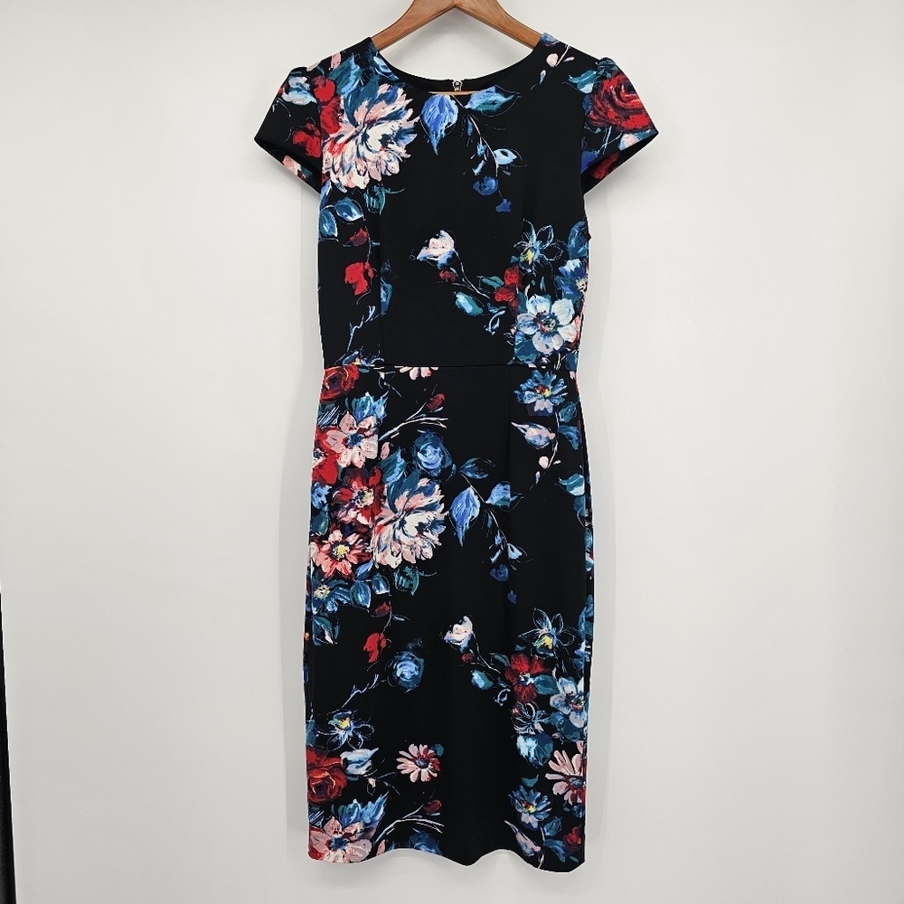 BETSEY JOHNSON Mod Women's Floral Stretch Midi Sheath Dress Size 6 Black Red - Picture 3 of 8